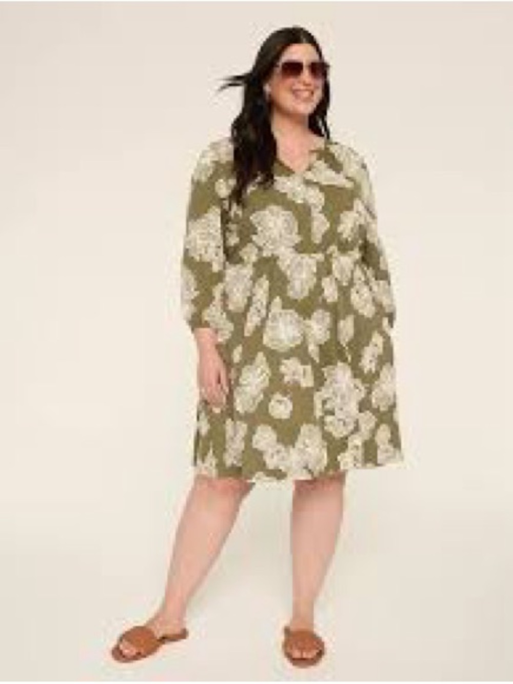 Lane Bryant Olive Floral V-Neck Midi Dress